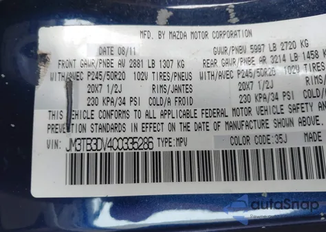 2012 Mazda Cx-9 Grand Touring z USA, uszkodzony, nr VIN JM3TB3DV4C0335286